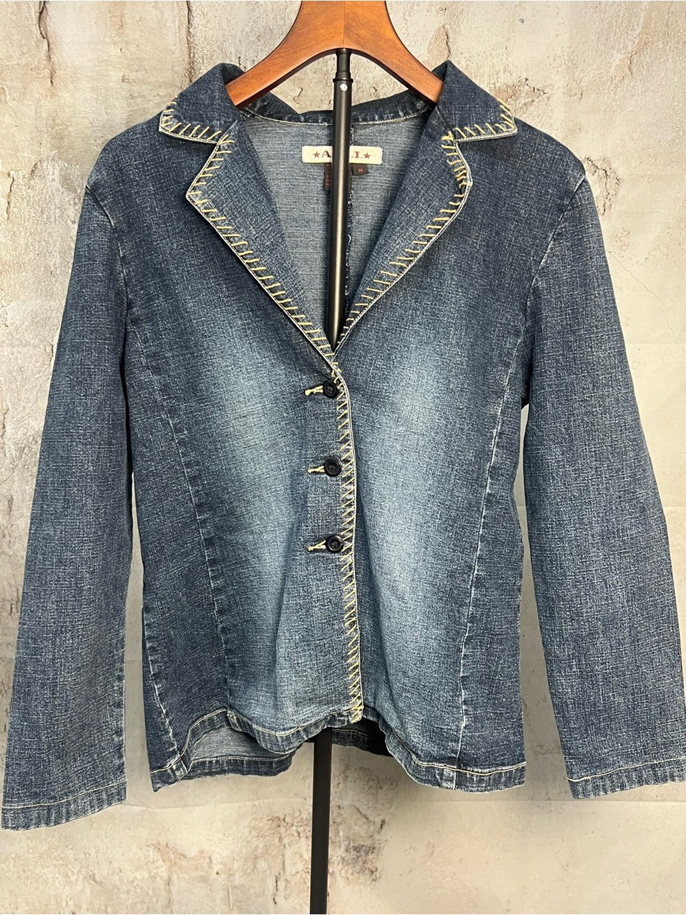 A.M.I. Denim Blazer Jacket Whipstitch Trim Y2K Boho Western Medium